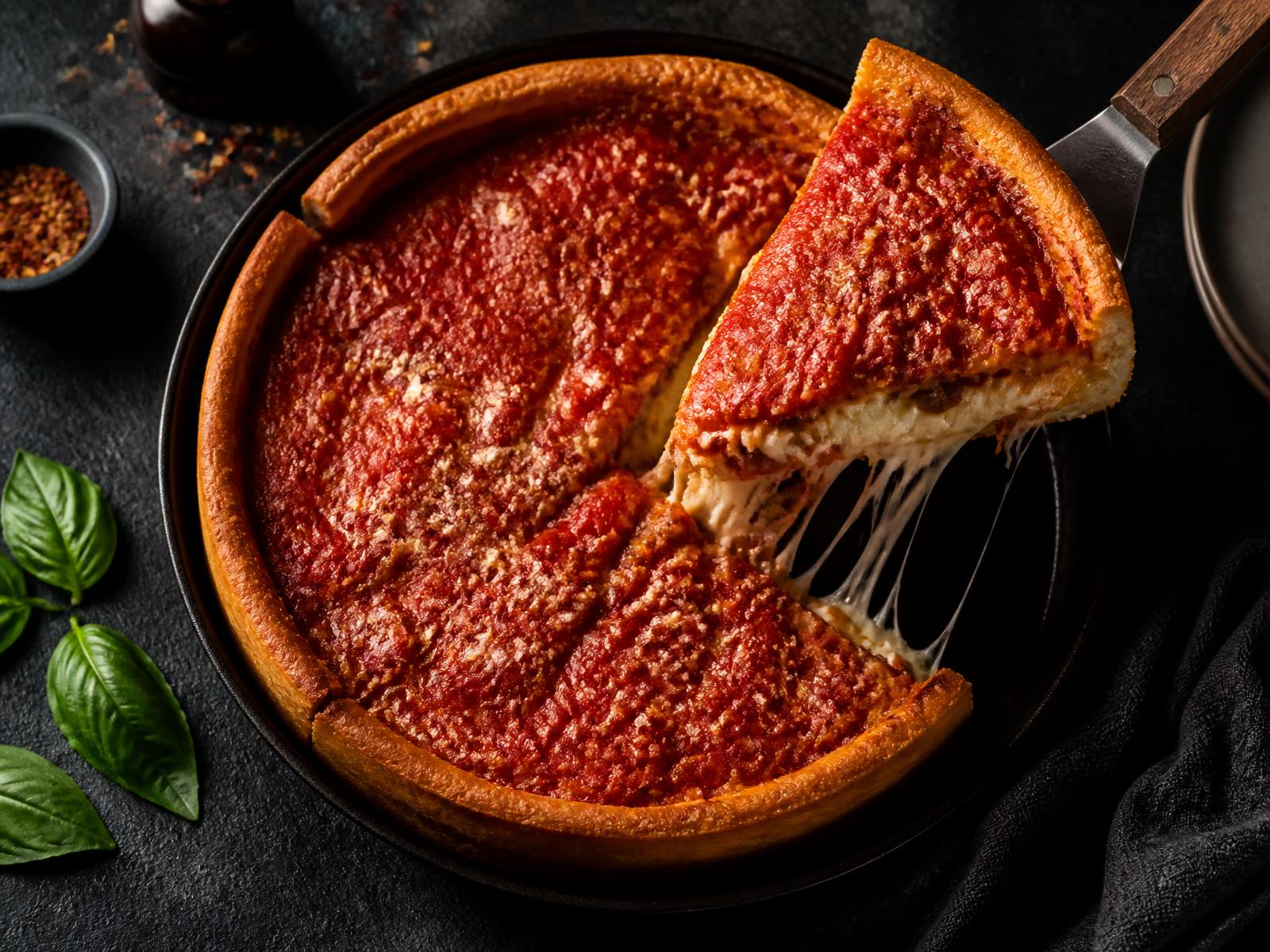 Chicago deep dish pizza with a cheesy slice being lifted from the pan